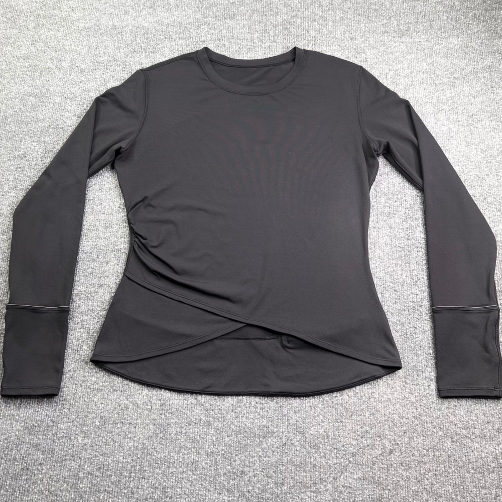 Lululemon Long Sleeve Top Women L Black Tulip Hem Ruched LW3INZS